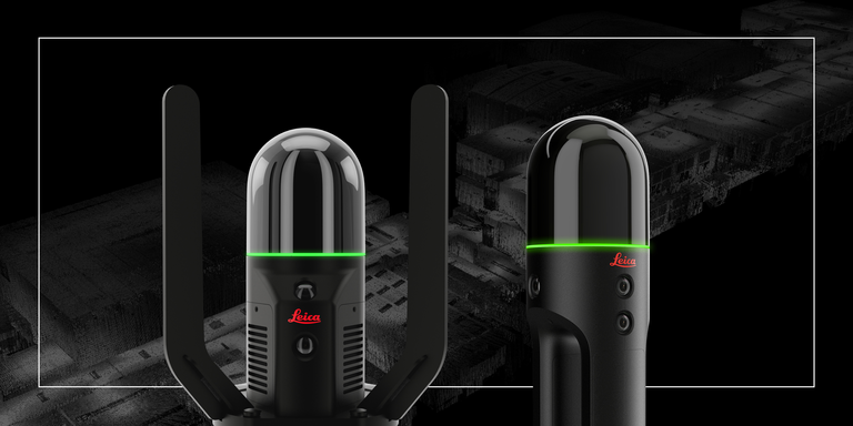 배경에 포인트 클라우드 데이터가 있는 전경의 BLK ARC 및 BLK2GO