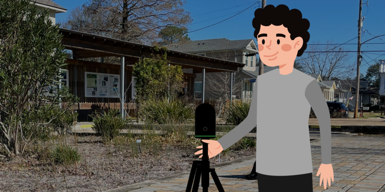 BLK360로 야외 공간을 스캔하는 만화 남자