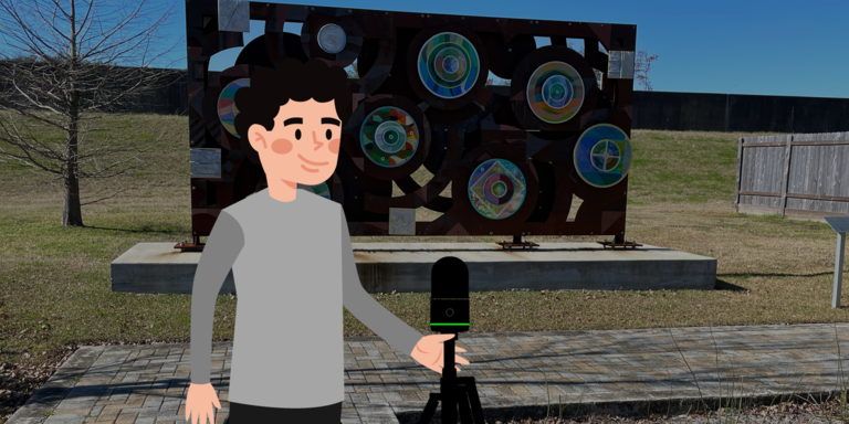 야외 장면에서 BLK360를 사용하는 만화 남자