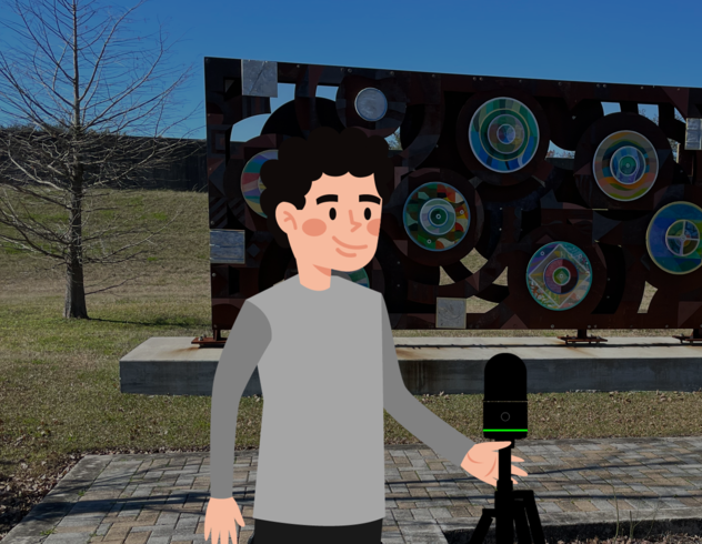 야외 장면에서 BLK360를 사용하는 만화 남자