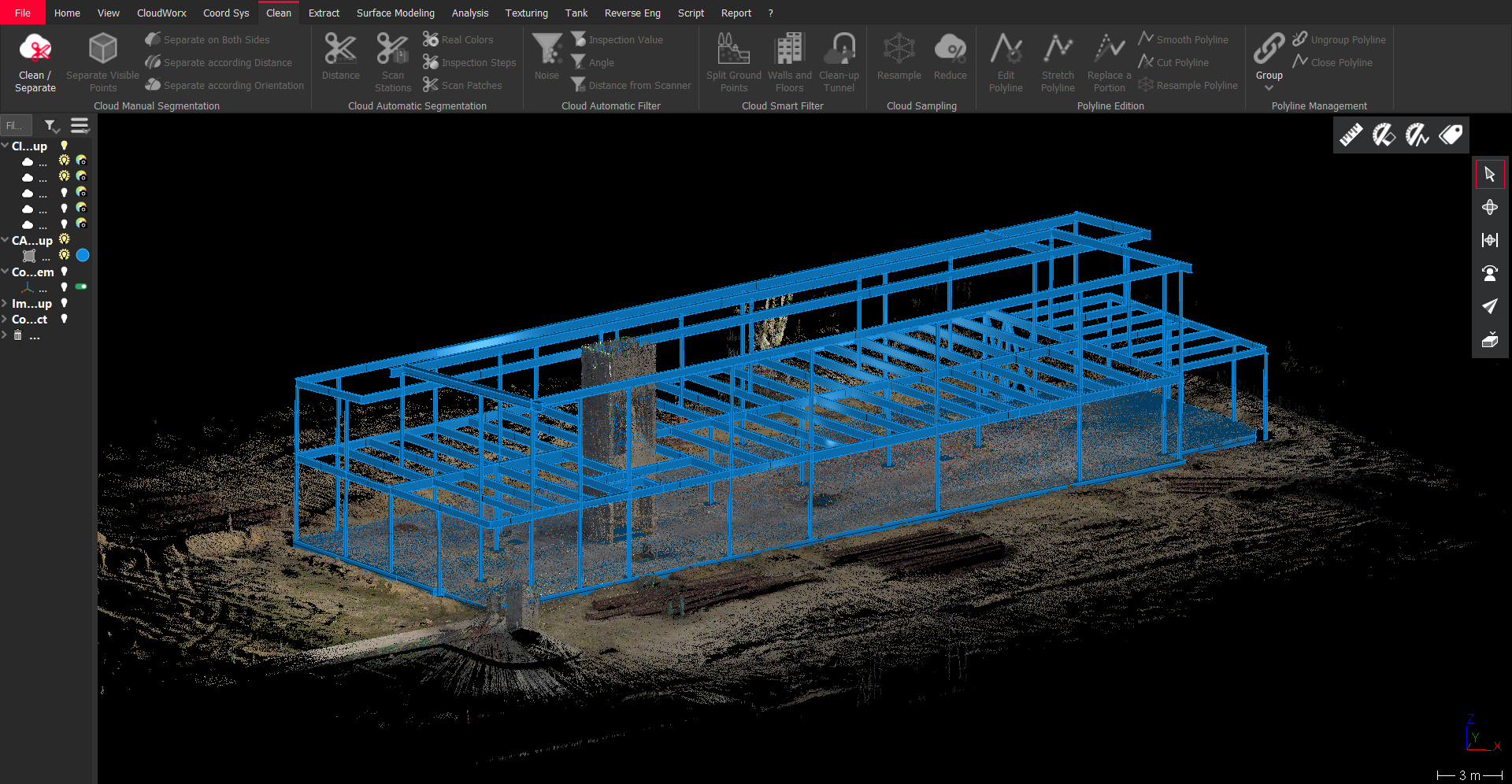 BIM 오버레이 시각화가 포함된 Cyclone 3DR 소프트웨어의 Leica BLK2GO 포인트 클라우드 스크린샷